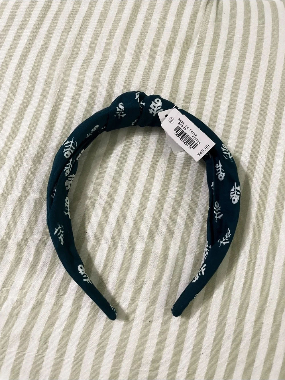 New J. Crew Peacock Ivory Printed Knot Headband Teal Dark Green Cotton Woven
